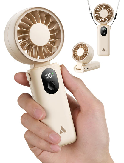 Aecooly Mighty Portable Handheld Fan | 20H Max Cooling Time | 3 Flexible Modes | 5 Speeds Wind | Battery Level Display | Mini USB Rechargeable Personal Battery Powered Fan Travel Gifts for Women-Beige