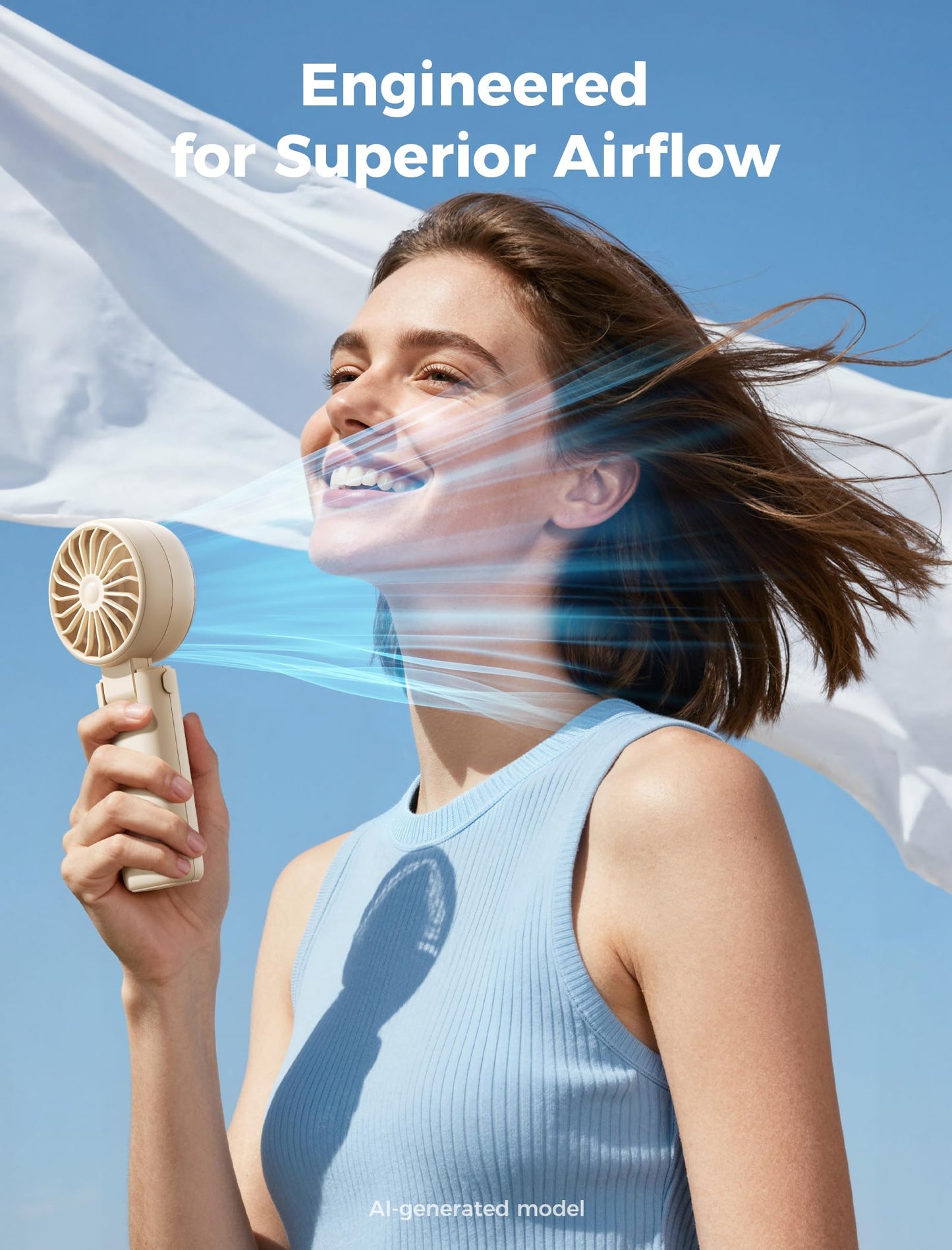 Aecooly Mighty Portable Handheld Fan | 20H Max Cooling Time | 3 Flexible Modes | 5 Speeds Wind | Battery Level Display | Mini USB Rechargeable Personal Battery Powered Fan Travel Gifts for Women-Beige