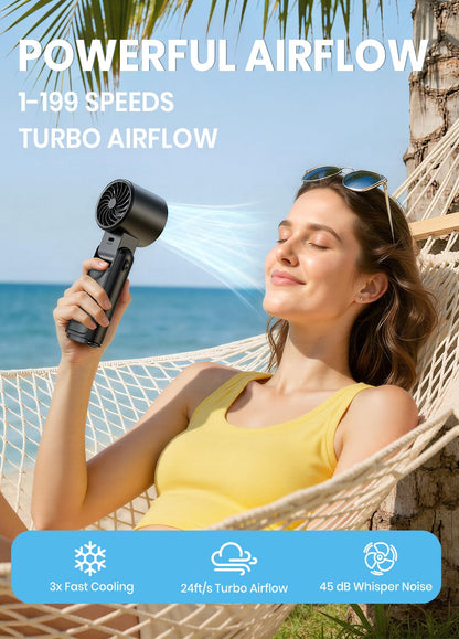 Portable Handheld Turbo Fan, 1-199 Speed Adjustable with LED Display, High-Power Motor, Rechargeable Battery, 4 IN 1 Pocket Design Mini Fans for Indoor/Outdoor/Travel/Work, Black