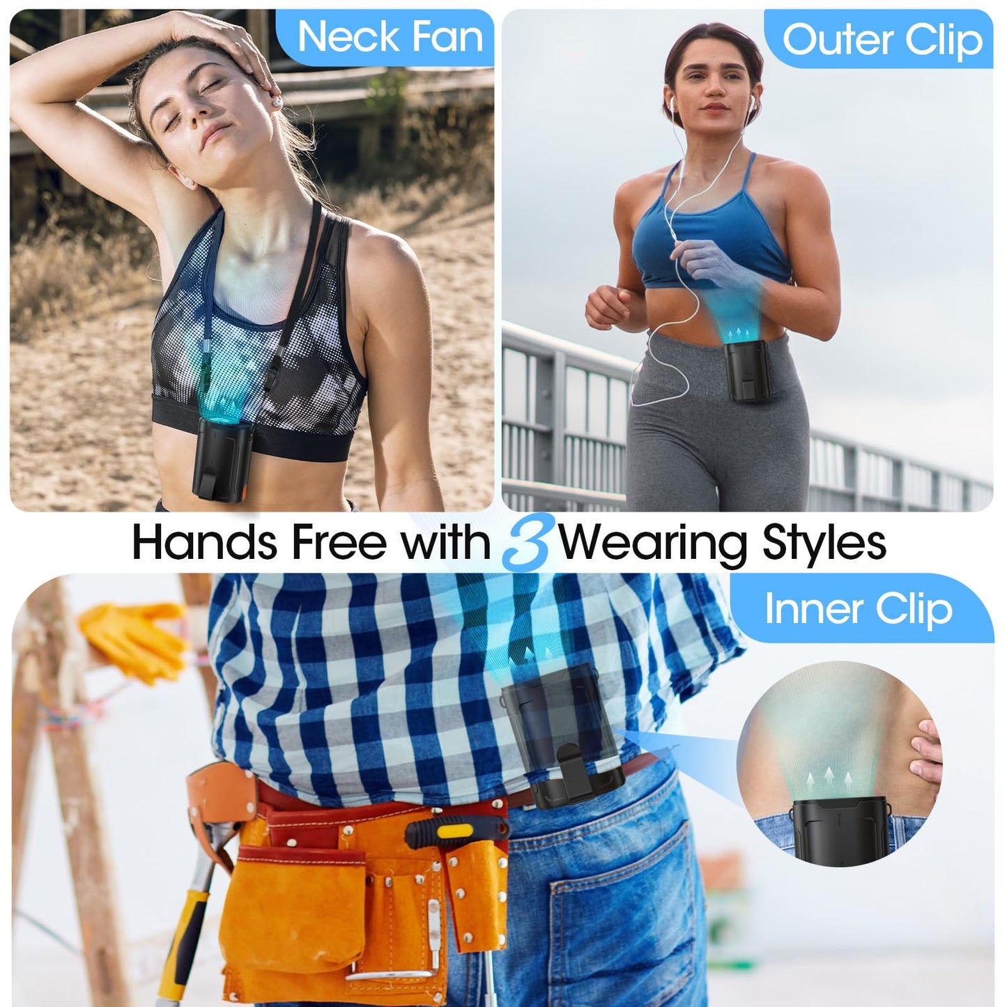 2026 AI Portable Fan Rechargeable, 4-Speed Strong Airflow, Personal Waist Fan with up to 25H of Working Time, Hands-Free Hanging Neck Fan, Wearable Belt Fan for Camping, Outdoor, Jobsite