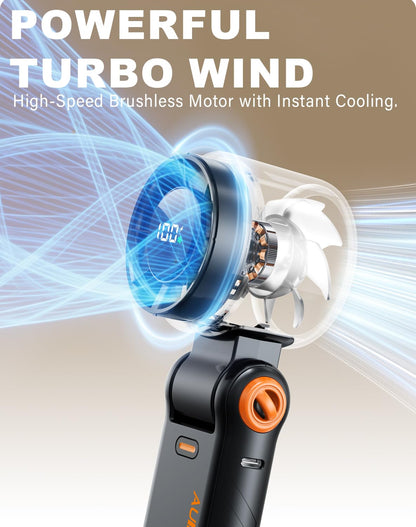 Portable Handheld Turbo Fan - 5 Speed Mini Personal Fan with Strong Airflow, Foldable 3 in 1 Rechargeable Battery Operated Trave Essentials Hand Fans for Indoor/Outdoor Use, Black