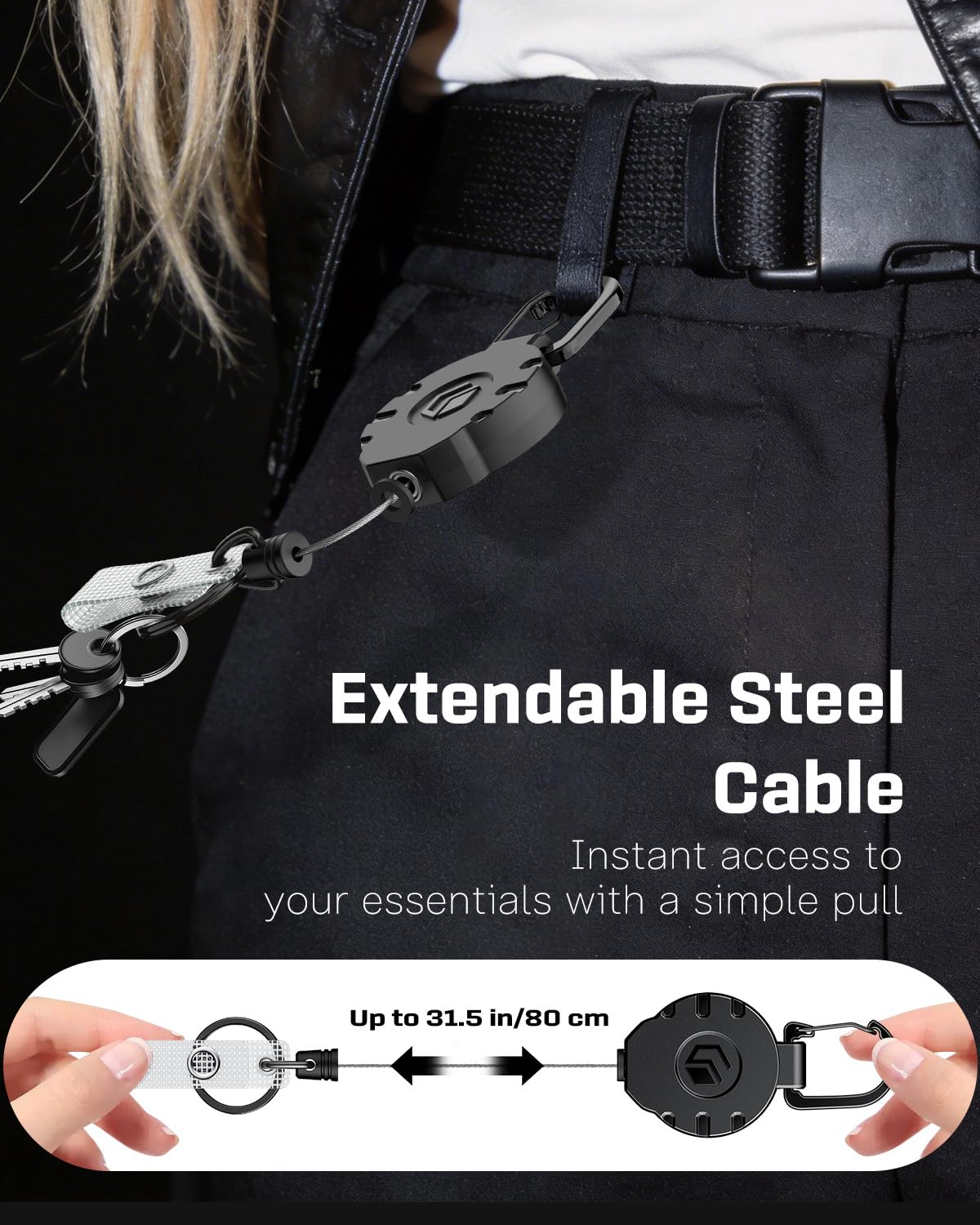 Uniclife Retractable Keychain Heavy Duty Carabiner Badge Holder Tactical ID Badge Reel for up to 8 oz with Stainless Steel Spring Coil 31.5 Inch Steel Wire Rope Retractable Lanyard Clip and Key Ring