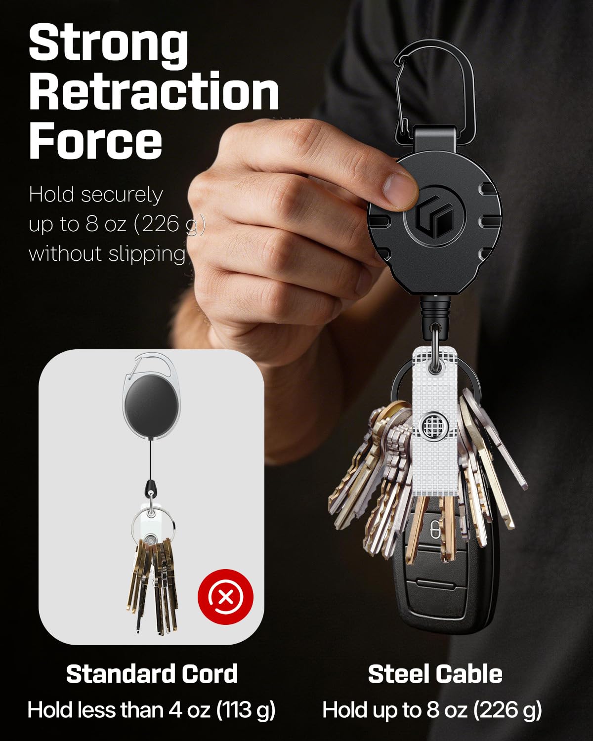 Uniclife Retractable Keychain Heavy Duty Carabiner Badge Holder Tactical ID Badge Reel for up to 8 oz with Stainless Steel Spring Coil 31.5 Inch Steel Wire Rope Retractable Lanyard Clip and Key Ring