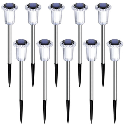 DenicMic Solar Lights Outdoor 10 Pack Waterproof 6000K Cold White LED Stainless Steel Stake Outside Lights for Yard Pathway Garden Driveway Walkway Landscape Path Lighting