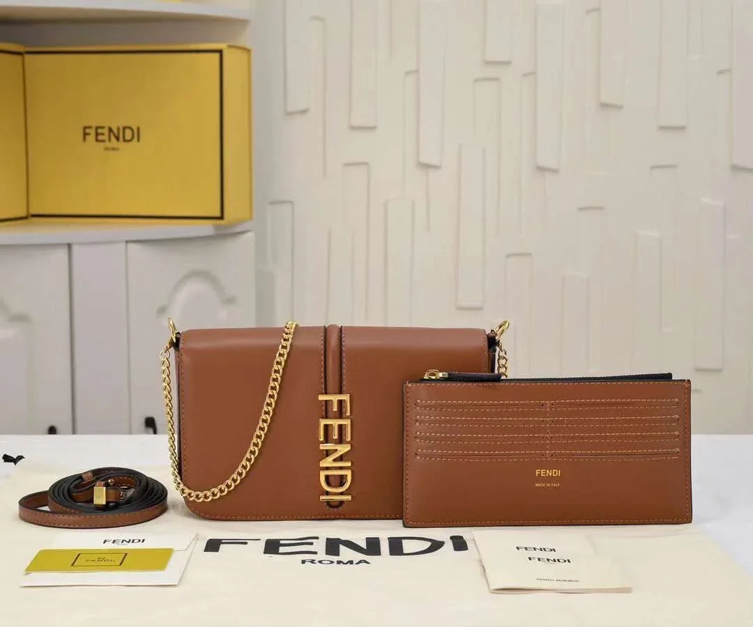 Fendi Brown Leather Messenger Bag With Metal Logo