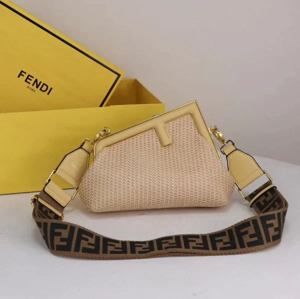 Fendi First Small Beige Raffia Macrame Bag