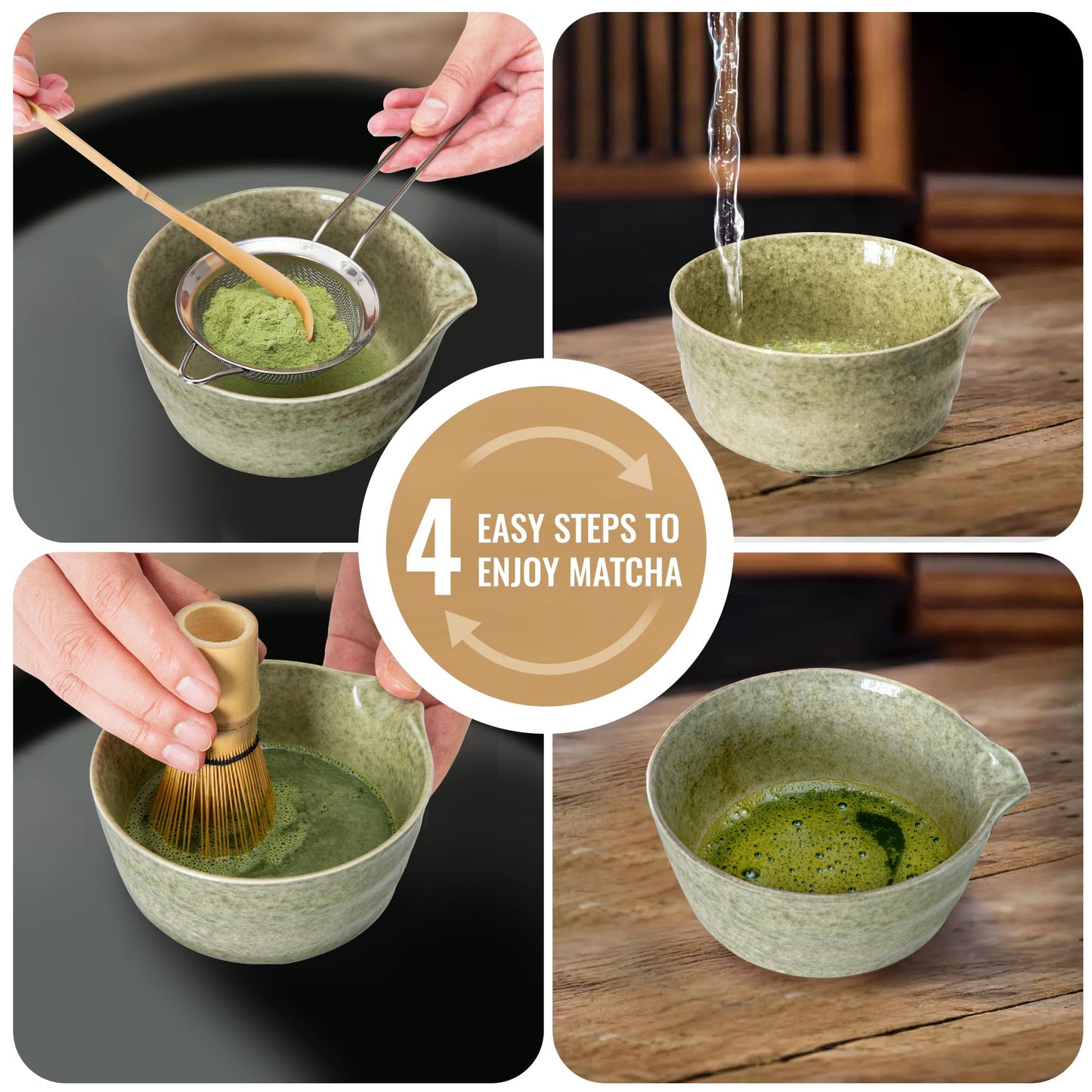 Matcha Whisk Set, Matcha Making Kit Whisk (Chasen Holder), Ceramic Whisk Holder (Mottled Green), Bamboo Scoop, Powder Starter Sifter, Spoon Japanese Tea Tools For Ceremony Gift