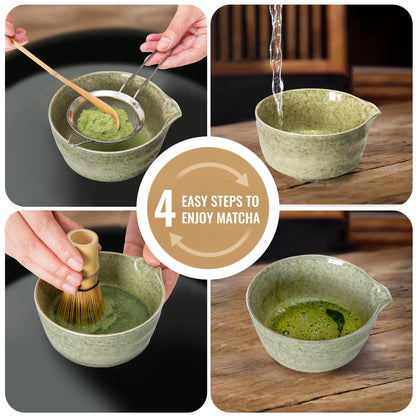 Matcha Whisk Set, Matcha Making Kit Whisk (Chasen Holder), Ceramic Whisk Holder (Mottled Green), Bamboo Scoop, Powder Starter Sifter, Spoon Japanese Tea Tools For Ceremony Gift