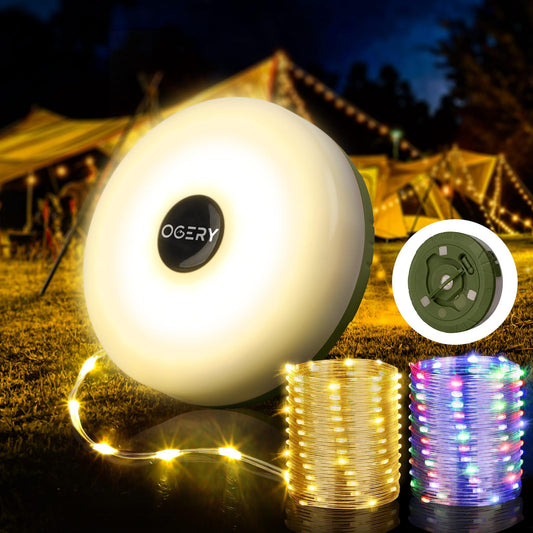 Camping String Lights, 4 in 1 Quick Storage 32.8FT Rechargeable Tent Lights String with 8 Lighting Modes, Hanging Waterproof Portable LED Lamp for Outdoor Patio Awning Garden Camping Essentials