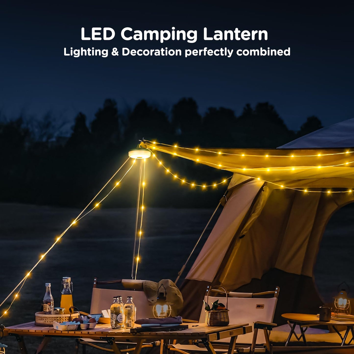 Camping String Lights, 4 in 1 Quick Storage 32.8FT Rechargeable Tent Lights String with 8 Lighting Modes, Hanging Waterproof Portable LED Lamp for Outdoor Patio Awning Garden Camping Essentials