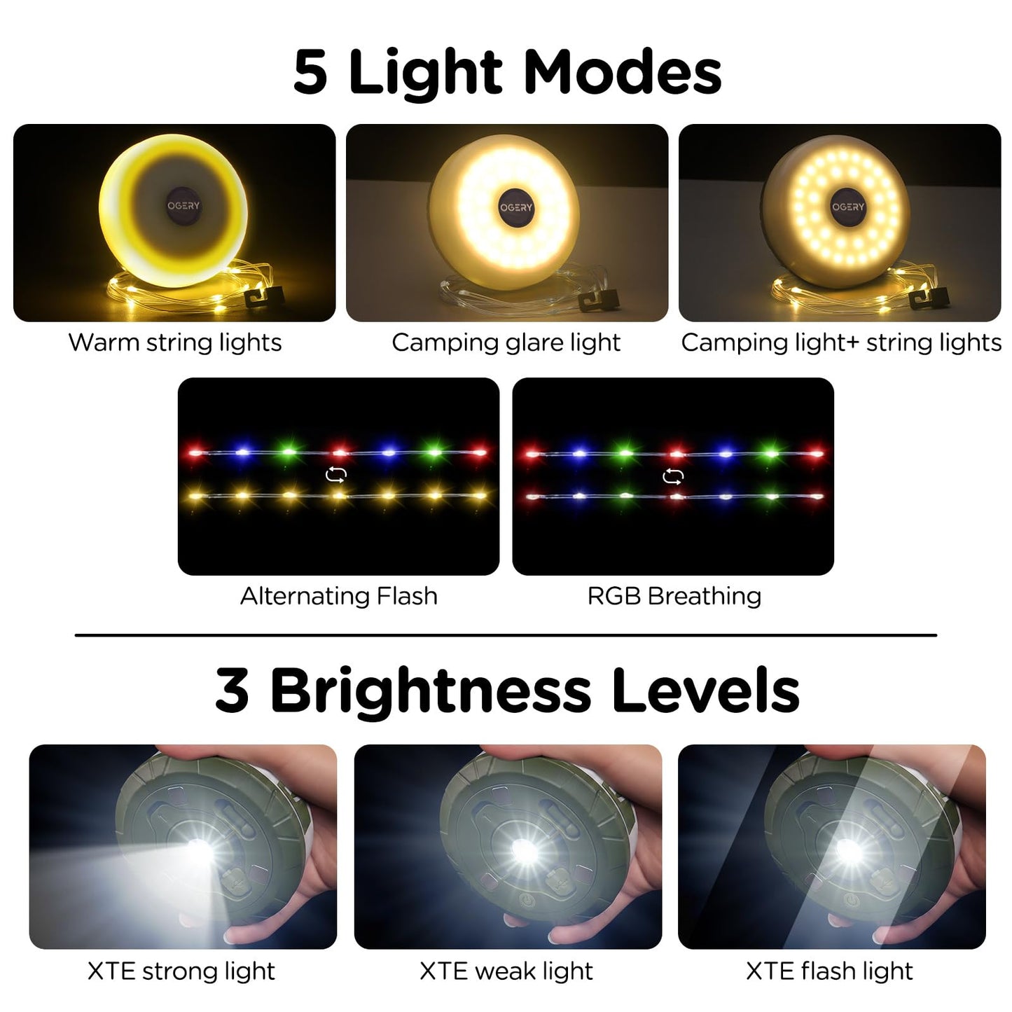 Camping String Lights, 4 in 1 Quick Storage 32.8FT Rechargeable Tent Lights String with 8 Lighting Modes, Hanging Waterproof Portable LED Lamp for Outdoor Patio Awning Garden Camping Essentials
