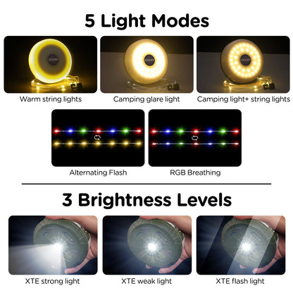 Camping String Lights, 4 in 1 Quick Storage 32.8FT Rechargeable Tent Lights String with 8 Lighting Modes, Hanging Waterproof Portable LED Lamp for Outdoor Patio Awning Garden Camping Essentials