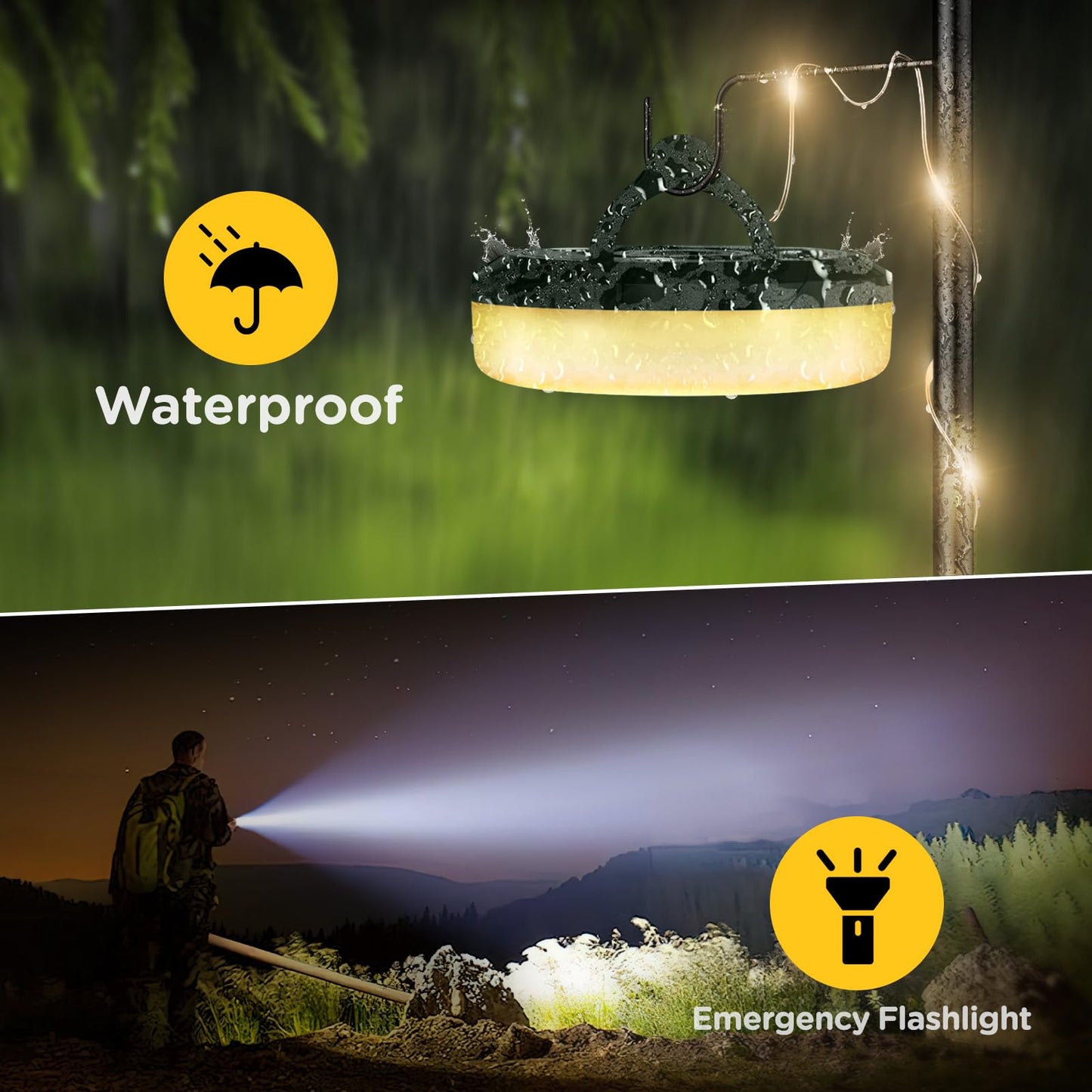 Camping String Lights, 4 in 1 Quick Storage 32.8FT Rechargeable Tent Lights String with 8 Lighting Modes, Hanging Waterproof Portable LED Lamp for Outdoor Patio Awning Garden Camping Essentials