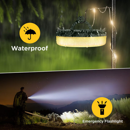Camping String Lights, 4 in 1 Quick Storage 32.8FT Rechargeable Tent Lights String with 8 Lighting Modes, Hanging Waterproof Portable LED Lamp for Outdoor Patio Awning Garden Camping Essentials