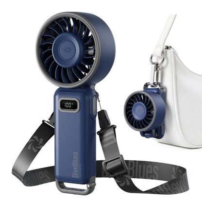 Diveblues Fanzy D6036 Portable Handheld Fan, Harbor Blue | 7.4m/s High Speed Turbo, 180° Foldable 4-in-1, Integrated Carabiner Clip, 100 Speed Stepless Control