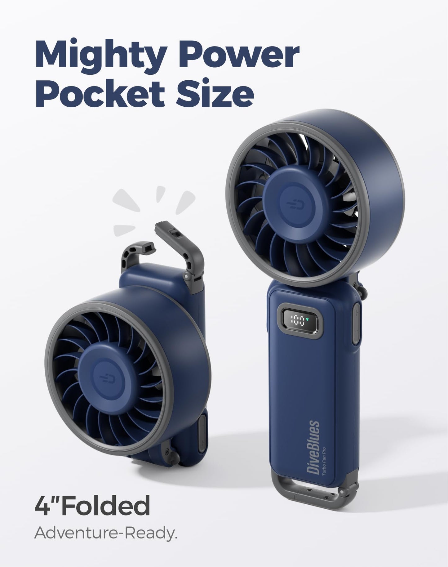 Diveblues Fanzy D6036 Portable Handheld Fan, Harbor Blue | 7.4m/s High Speed Turbo, 180° Foldable 4-in-1, Integrated Carabiner Clip, 100 Speed Stepless Control