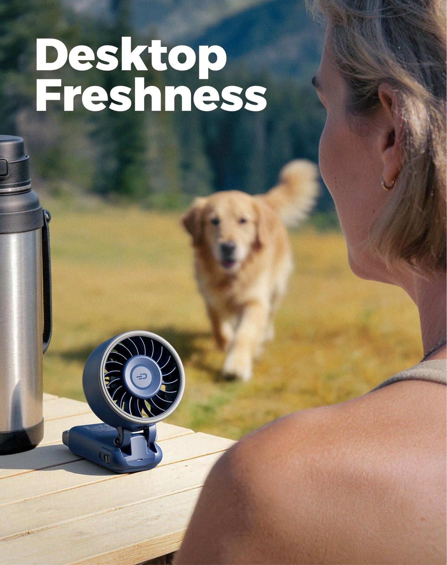 Diveblues Fanzy D6036 Portable Handheld Fan, Harbor Blue | 7.4m/s High Speed Turbo, 180° Foldable 4-in-1, Integrated Carabiner Clip, 100 Speed Stepless Control