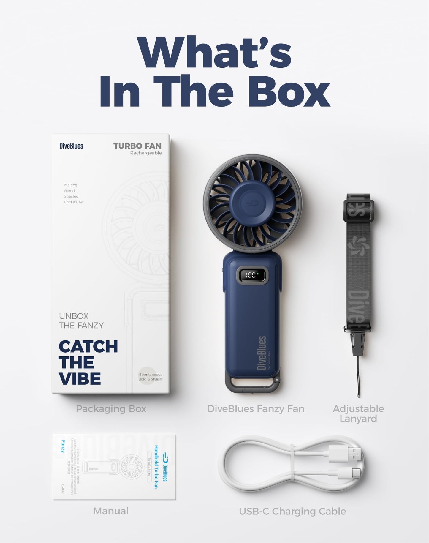 Diveblues Fanzy D6036 Portable Handheld Fan, Harbor Blue | 7.4m/s High Speed Turbo, 180° Foldable 4-in-1, Integrated Carabiner Clip, 100 Speed Stepless Control