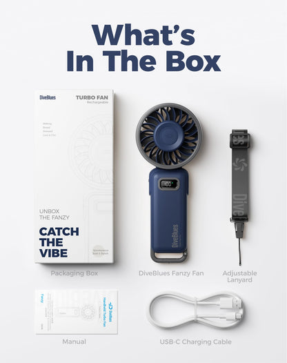 Diveblues Fanzy D6036 Portable Handheld Fan, Harbor Blue | 7.4m/s High Speed Turbo, 180° Foldable 4-in-1, Integrated Carabiner Clip, 100 Speed Stepless Control