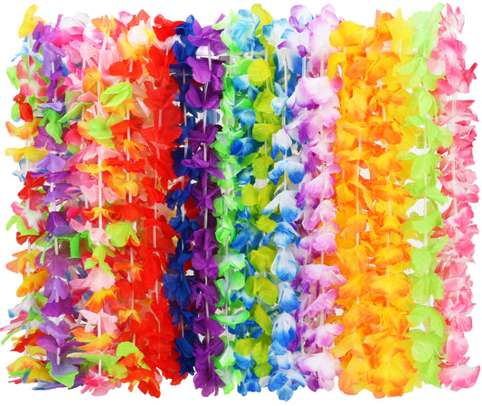 24pcs Hawaiian Leis Bulk Luau Party Silk Flower Necklace Colorful Tropical Hawaiian Bulk Hula Dance Party Decor Flower Leis Summer Beach Pool Party Decorations Favors Supplies