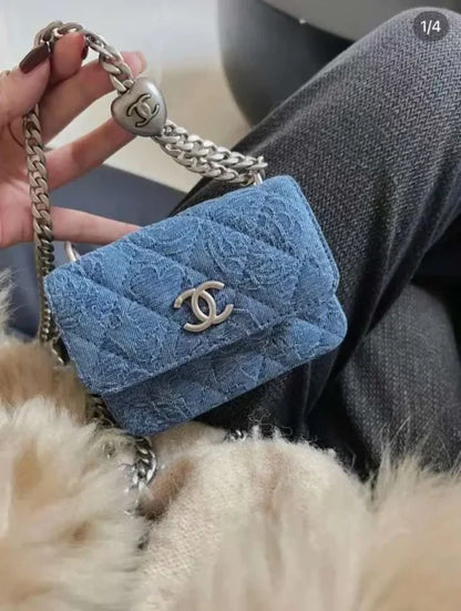 Chanel Heart Flower Patterns Casual Style Denim Blue Purse