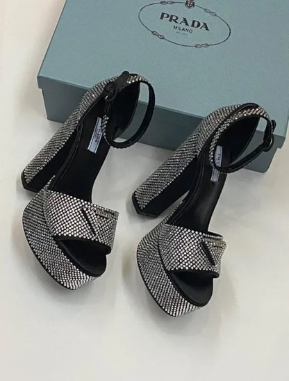 Prada Designer Classic Triangle Buckle Womens High Heeled Dress Shoes