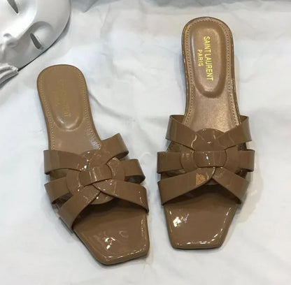 Saint Laurent Paris Patent Leather Tribute Flat Slides