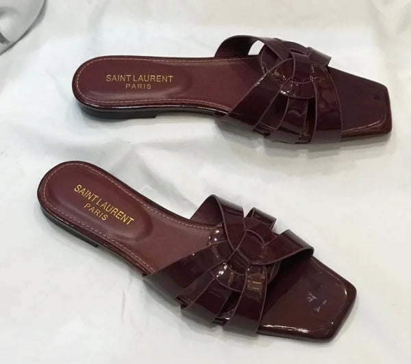 Saint Laurent Paris Patent Leather Tribute Flat Slides