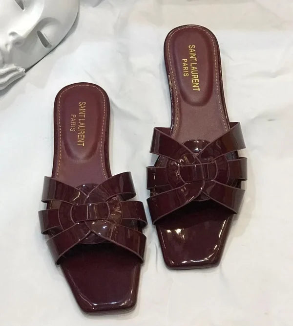 Saint Laurent Paris Patent Leather Tribute Flat Slides