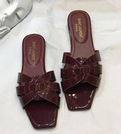 Saint Laurent Paris Patent Leather Tribute Flat Slides