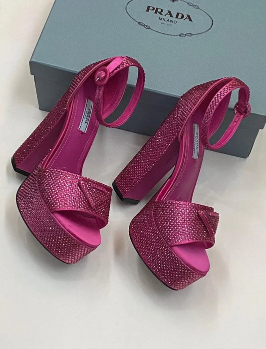 Prada Designer Classic Triangle Buckle Womens High Heeled Dress Shoes