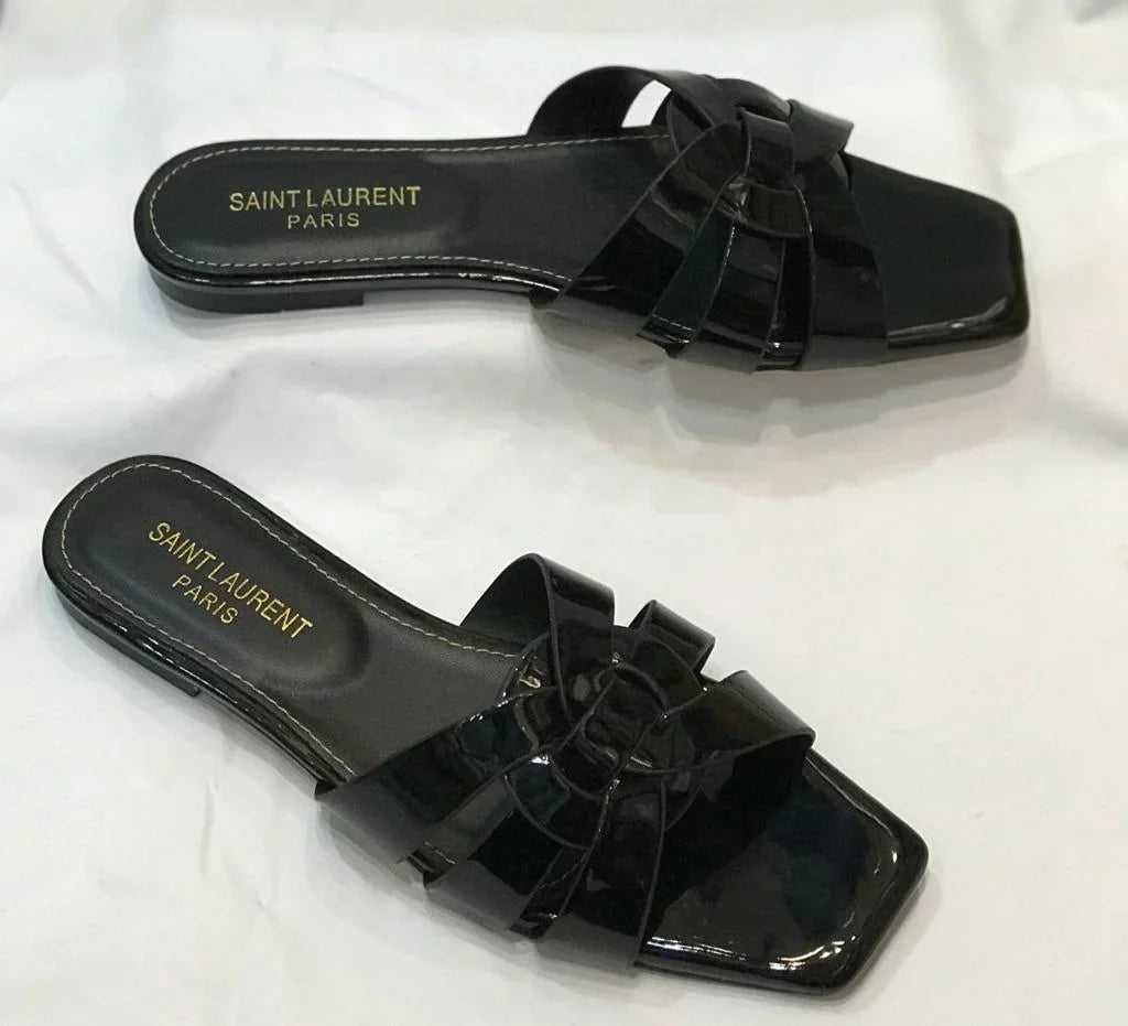 Saint Laurent Paris Patent Leather Tribute Flat Slides