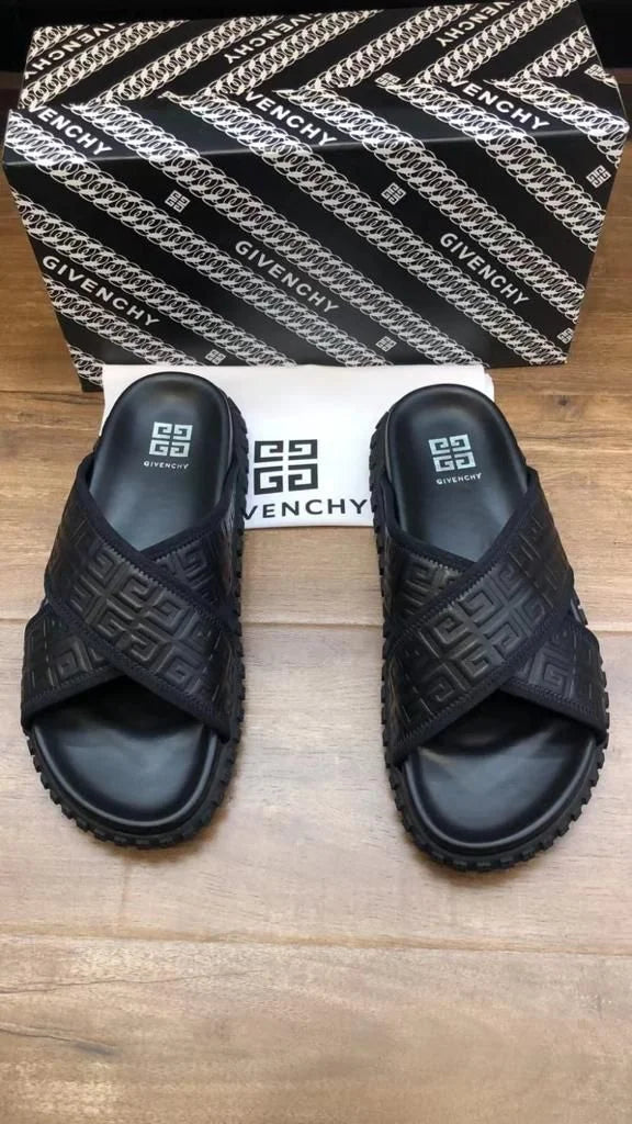 Givenchy Black Leather Embossed FF Logo Flat Sandals