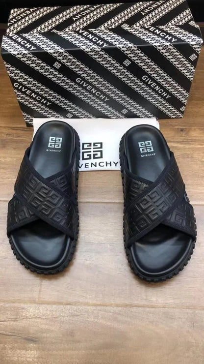 Givenchy Black Leather Embossed FF Logo Flat Sandals