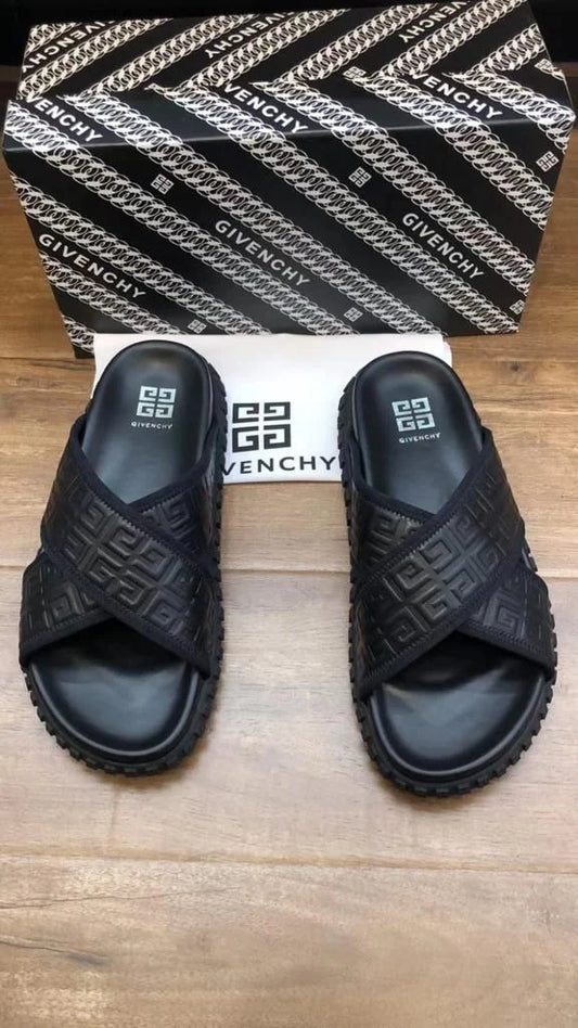 Givenchy Black Leather Embossed FF Logo Flat Sandals