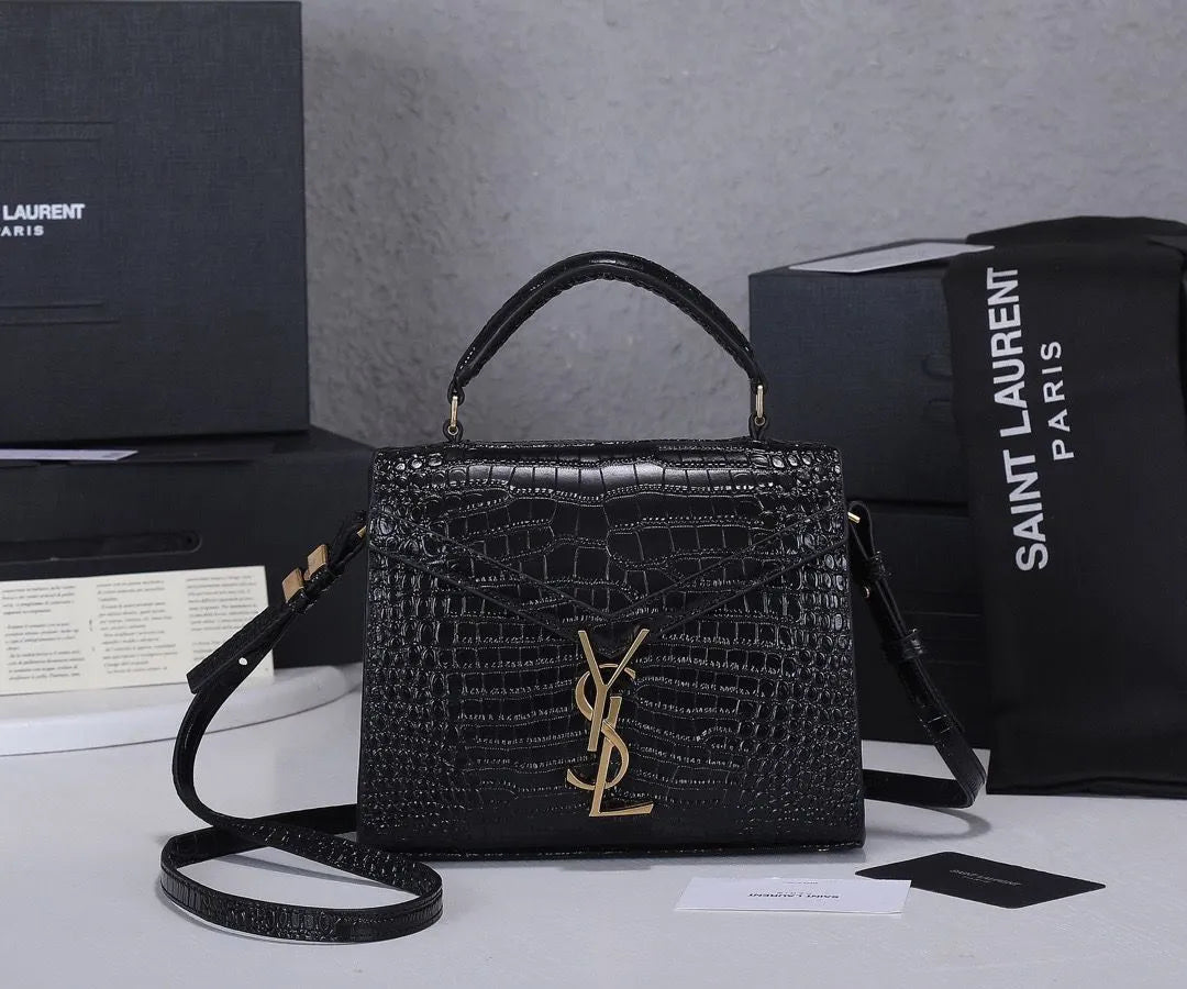 Saint Laurent Navy Crocodile-Embossed Mini Cassandra Top Handle Bag