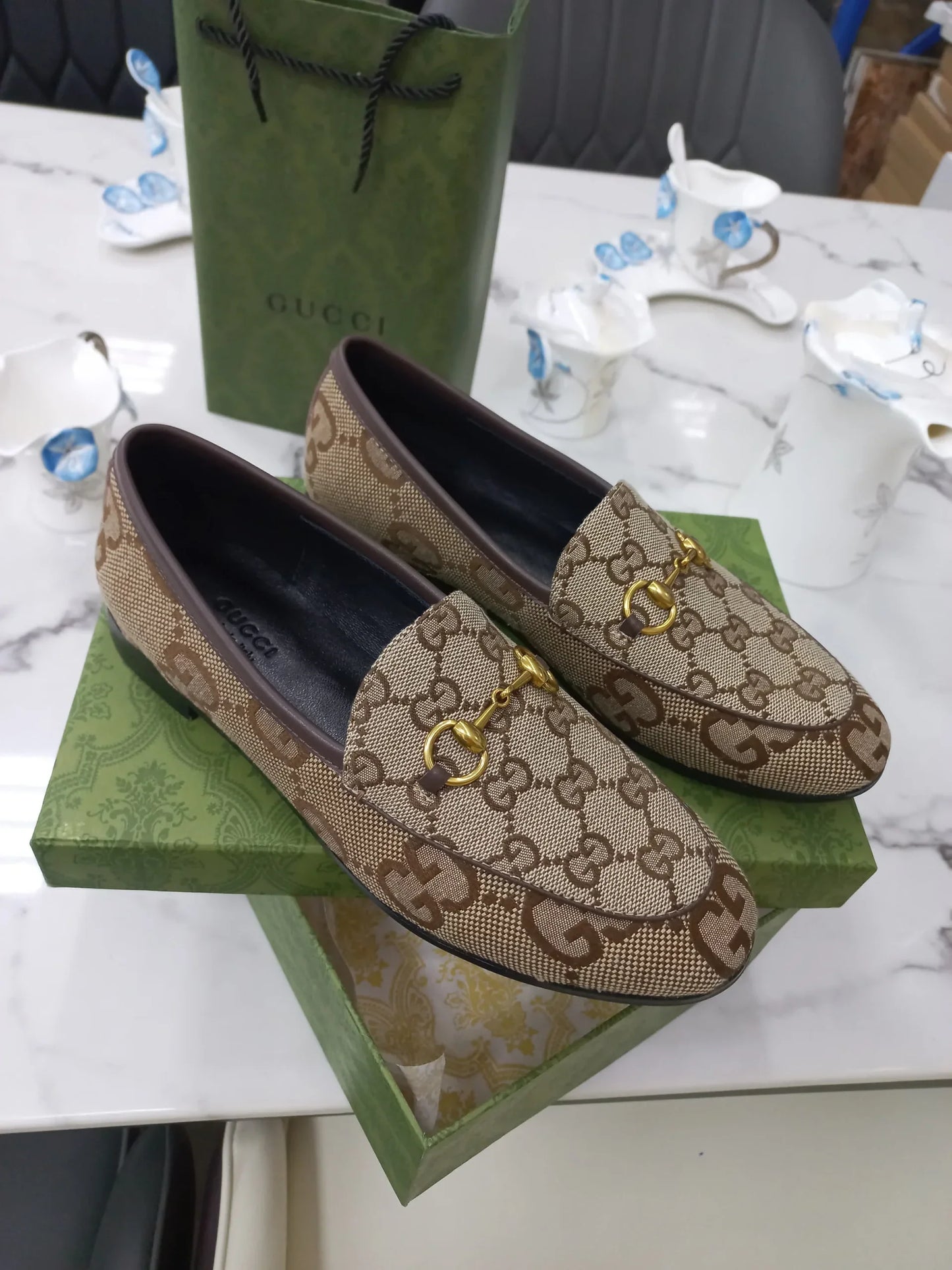 Camel GG Canvas Loafer Shoes