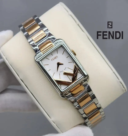 Fendi Rectangle Quartz Watch Stainless Steel and Plated Metal