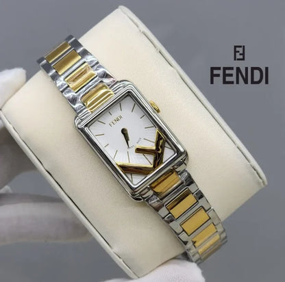 Fendi Rectangle Quartz Watch Stainless Steel and Plated Metal