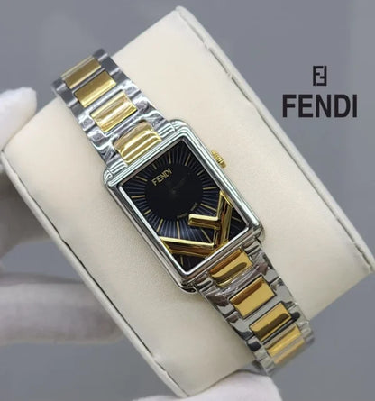Fendi Rectangle Quartz Watch Stainless Steel and Plated Metal