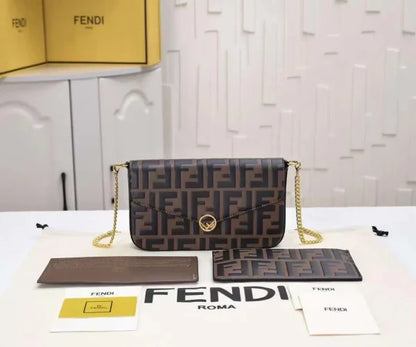 Fendi Chain Envelope Pouch In FF Motif Nappa Leather Brown/Black