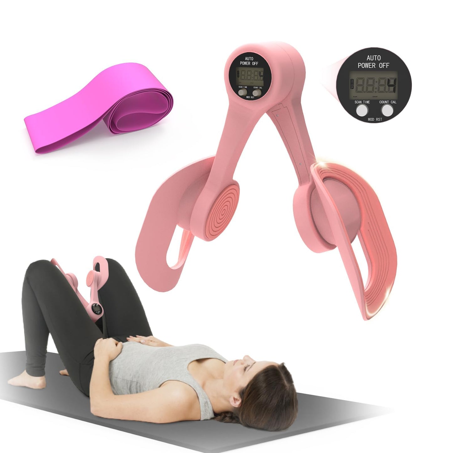 Thigh Trainer with LED Display - 360° Adjustable Pelvic Floor Trainer | Inner Thigh Exerciser with 20LB Resistance Band, Home Workout Equipment for Women