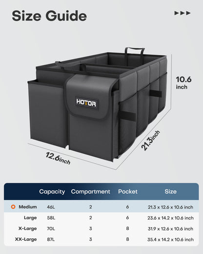 HOTOR Trunk Organizer - Car Organizer, Foldable Trunk organizer for SUVs & Sedans, Sturdy Car Organization for Car Accessories, Tools, Sundries, Black, 2 Compartments, 21.3"×12.6"×10.6"