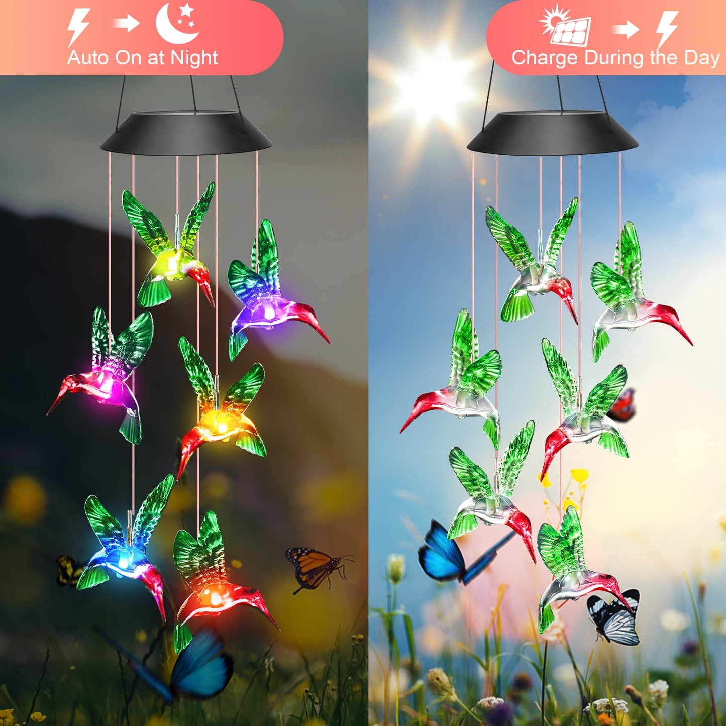 Gifts for Grandma Mom Nana Wife Sister, Mother Birthday Christmas Gardening Hummingbird Gifts for Women, Winzwon Wind Chimes Solar Lights Outdoor Decor for Garden Patio Yard Porch