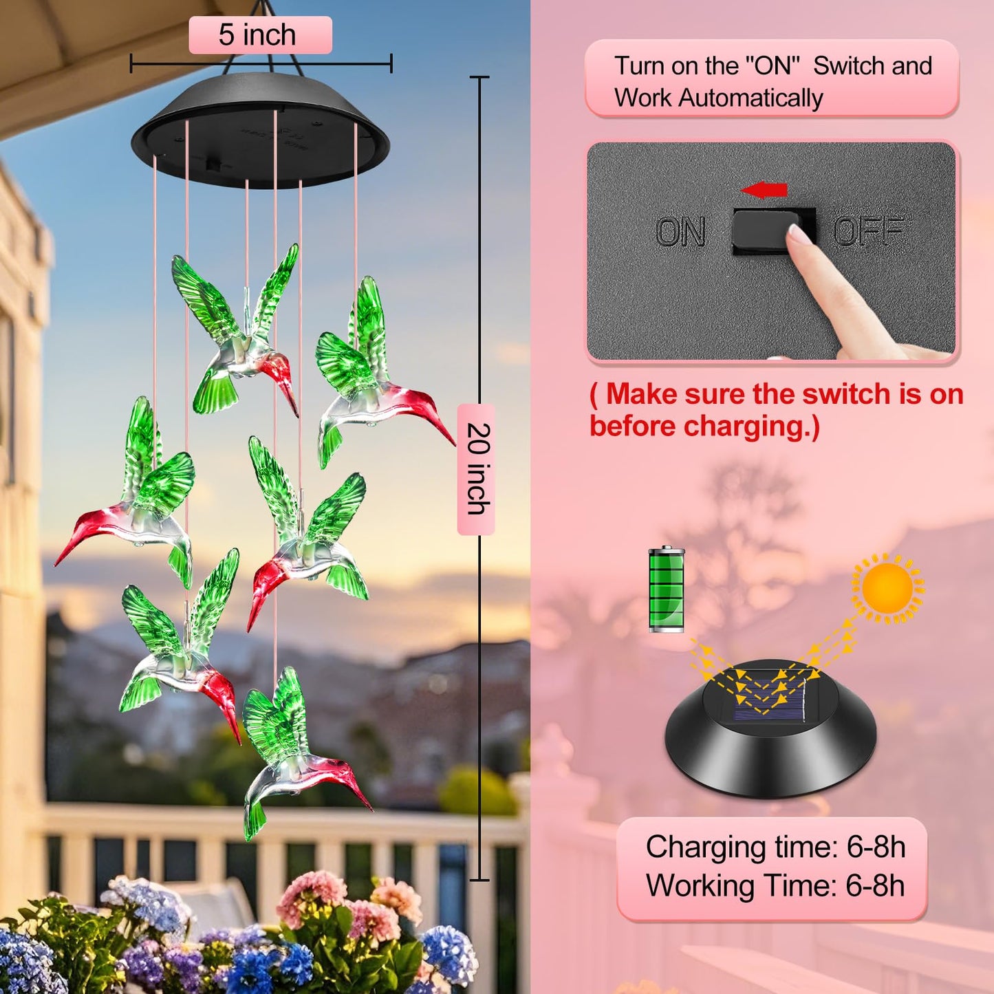 Gifts for Grandma Mom Nana Wife Sister, Mother Birthday Christmas Gardening Hummingbird Gifts for Women, Winzwon Wind Chimes Solar Lights Outdoor Decor for Garden Patio Yard Porch