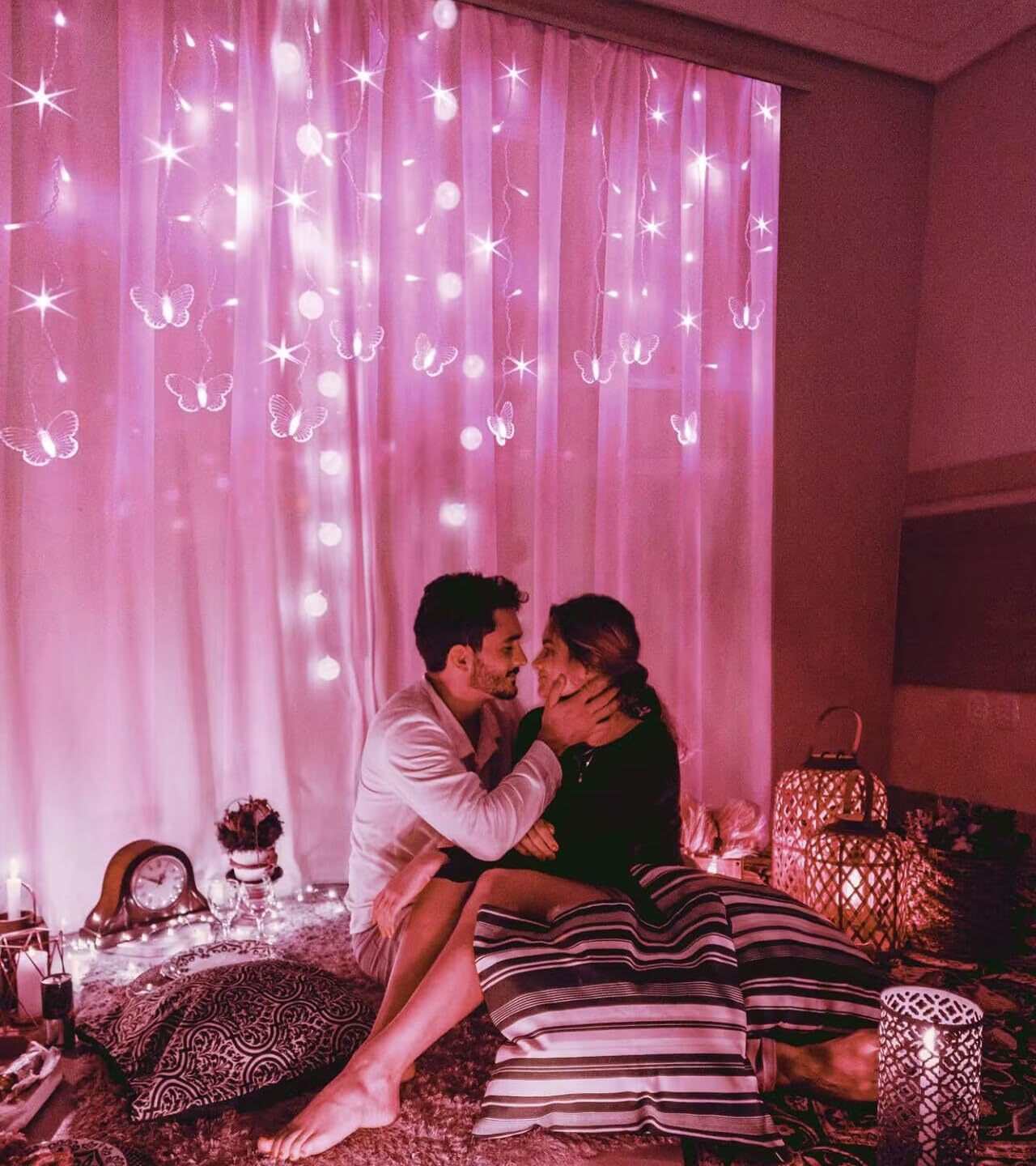 Butterfly Curtain Lights, 8 Modes 48LED Twinkle String Light with Remote 4.9FT USB Powered Window Fairy Light, Decorative Lights for Bedroom, Party, Wedding, Holiday, Christmas (Pink)