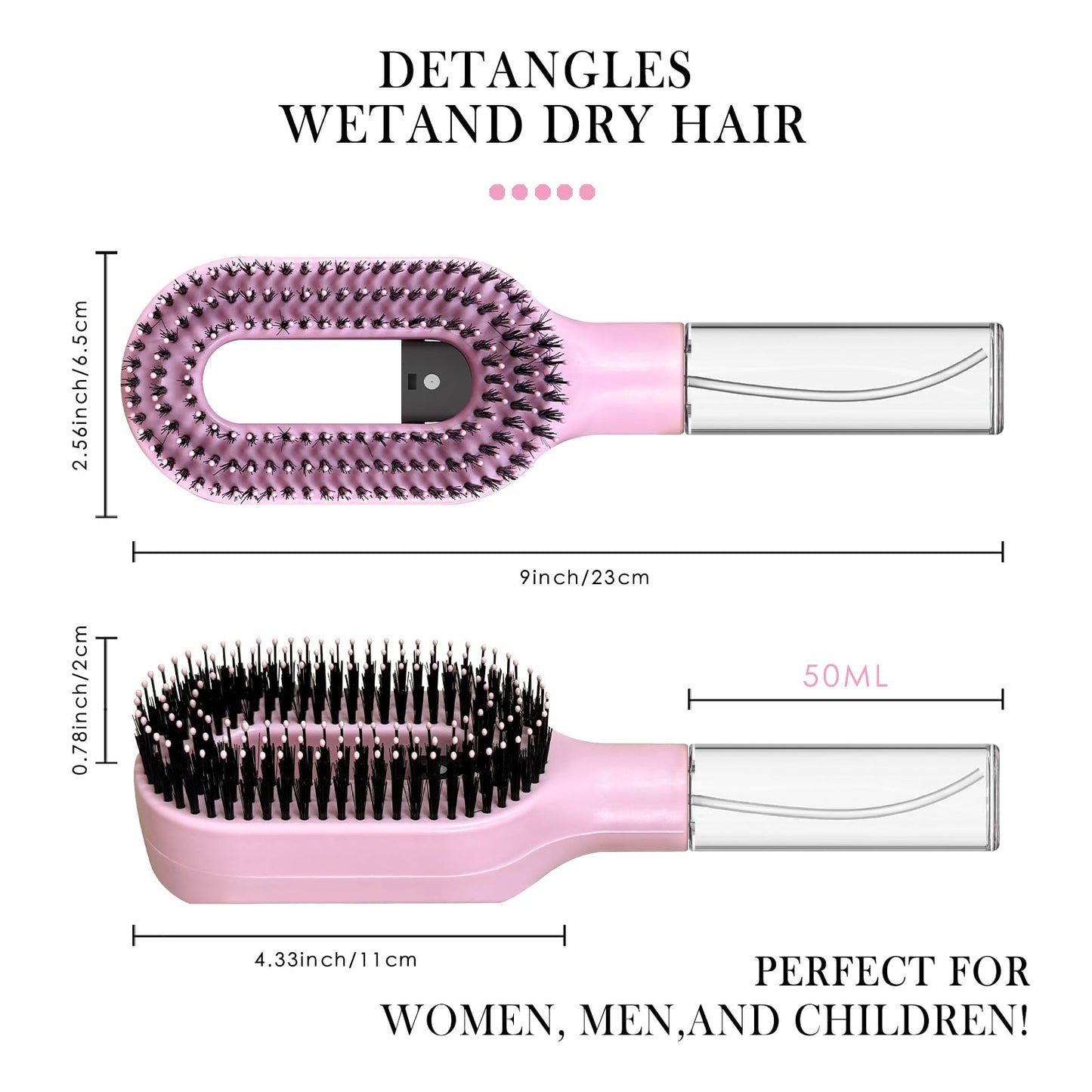 2-in-1 Manual Non-Electric Detangler Hair Brush with Built-In Mister Spray, Wet & Dry Detangling Brush for Curly, Wavy & Straight Hair, No-Tangle Anti-Frizz Brush，Reservoir 50ml.(Pink)