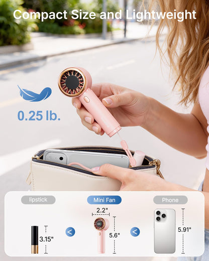 SWEETFULL Mini Fan Portable - Cute Handheld Turbo Fan with Rechargeable Battery, 5 Speeds, Small Hand Personal Travel Essentials for Women, Girls, Kids, Lash, Makeup - Pink