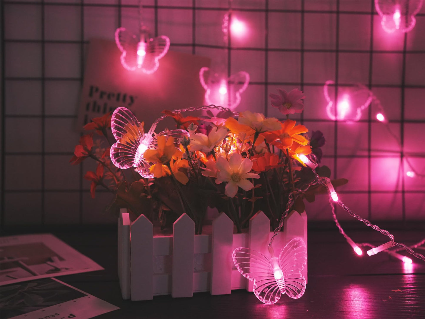 Butterfly Curtain Lights, 8 Modes 48LED Twinkle String Light with Remote 4.9FT USB Powered Window Fairy Light, Decorative Lights for Bedroom, Party, Wedding, Holiday, Christmas (Pink)