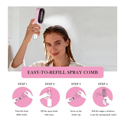 2-in-1 Manual Non-Electric Detangler Hair Brush with Built-In Mister Spray, Wet & Dry Detangling Brush for Curly, Wavy & Straight Hair, No-Tangle Anti-Frizz Brush，Reservoir 50ml.(Pink)